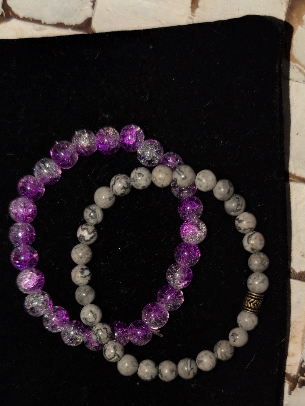 Purple Crackle and Gray Stone Beaded Bracelet Set - New